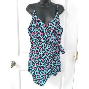 Peace Love Cake blue & pink leopard print romper